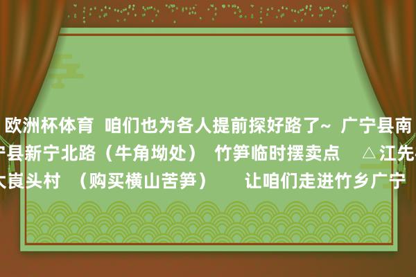 欧洲杯体育  咱们也为各人提前探好路了~  广宁县南街汇盈农贸市集    广宁县新宁北路（牛角坳处）  竹笋临时摆卖点    △江先梅 摄  广宁县横山镇大崀头村  （购买横山苦笋）      让咱们走进竹乡广宁  品味这些好意思食  感受竹乡东说念主民的关怀与安分  恍悟竹乡的好意思艳形状和稀薄文化  在竹香、鸡韵、笋味浓的好意思食之旅中  渡过一个谨记的假期      裁剪：冯  羽  一审：